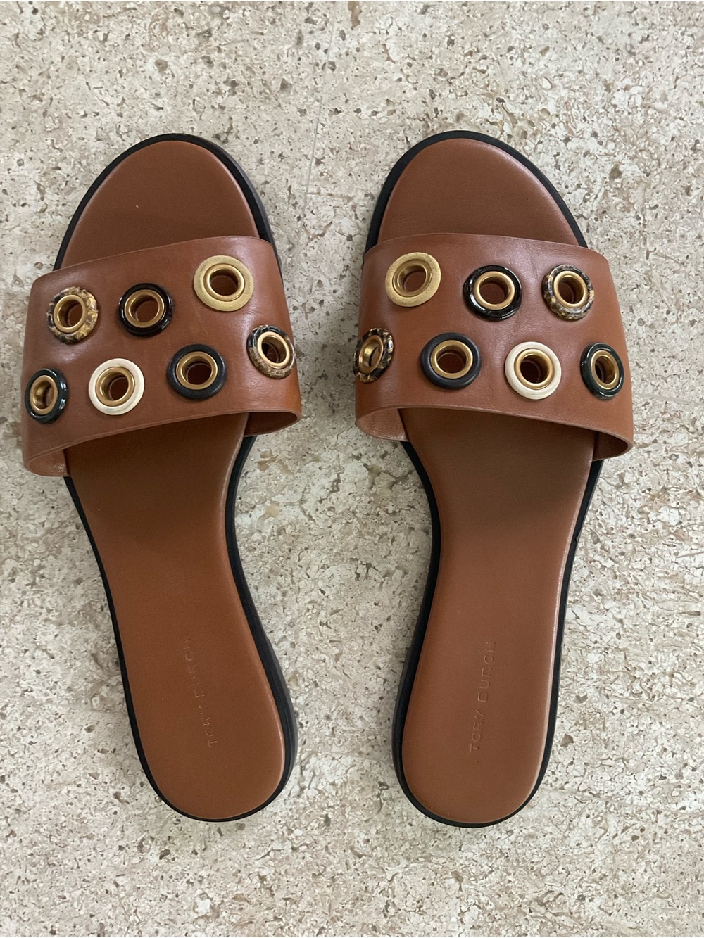 Tory Burch Brown Slide Sandals with Gold & Black Grommets